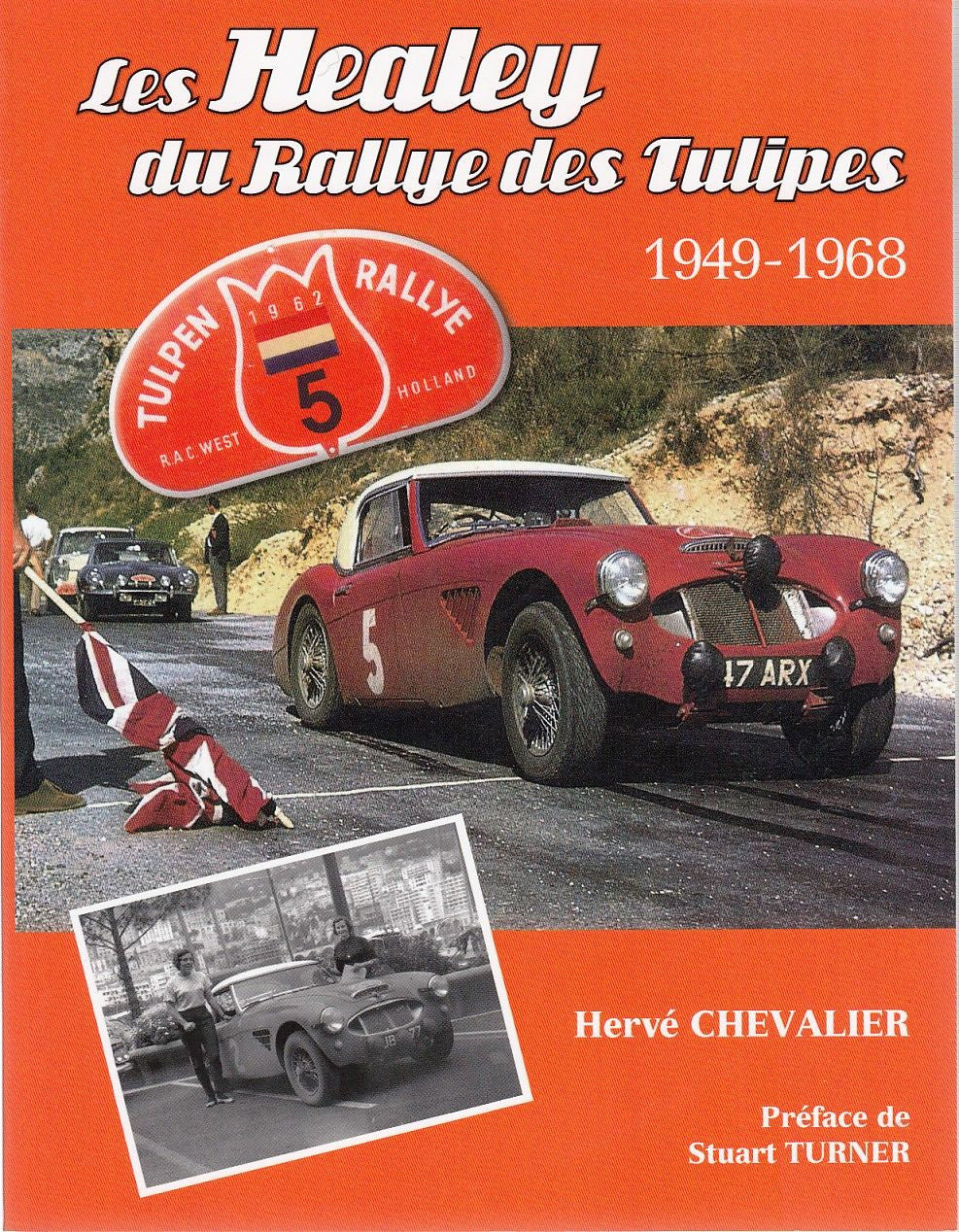 Vintage rally car book cover with red sports car and tulip rally badge