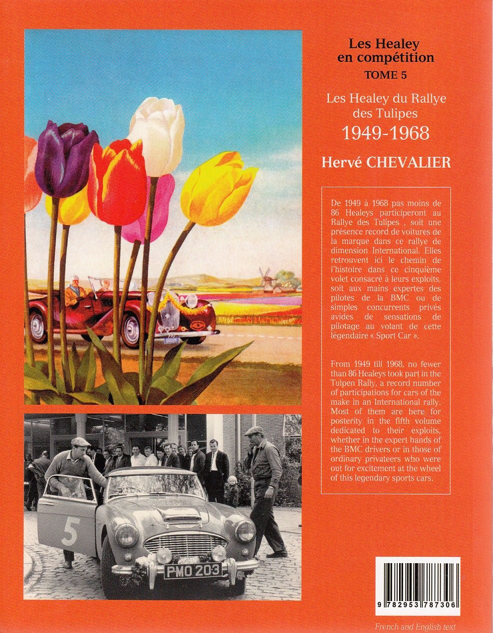 Vintage rally car book cover with tulip illustration and classic car collage