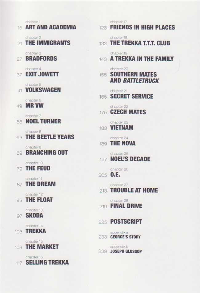 Signed history book, back cover with table of contents headings