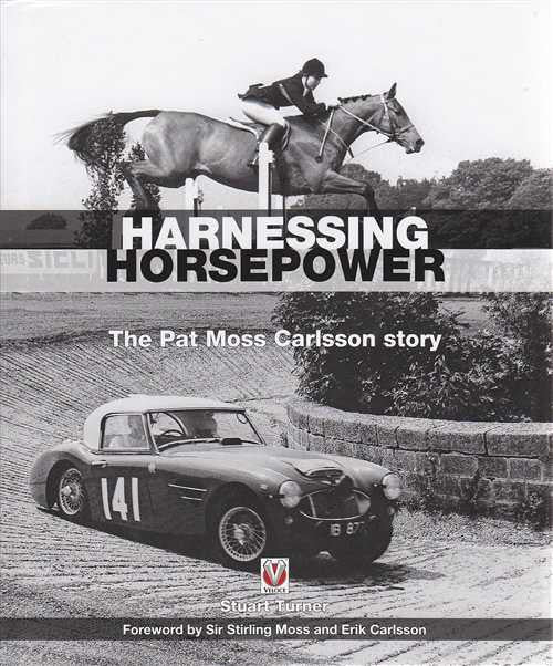 Motorsport biography book cover with race car, horse rider, and Harnessing Horsepower title
