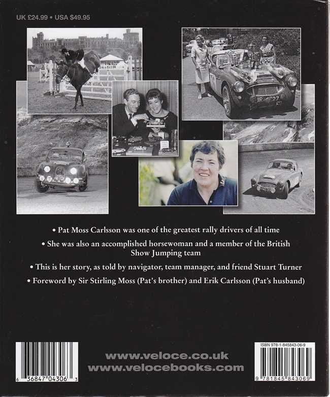 Motorsport biography book back cover with car photo collage and woman portrait