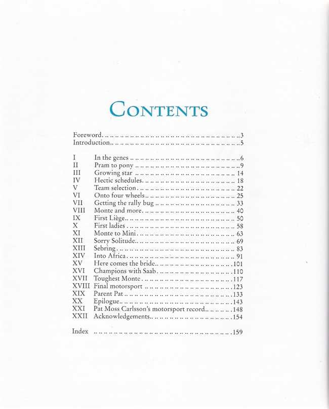 Motorsport biography book contents page titled Contents with section list