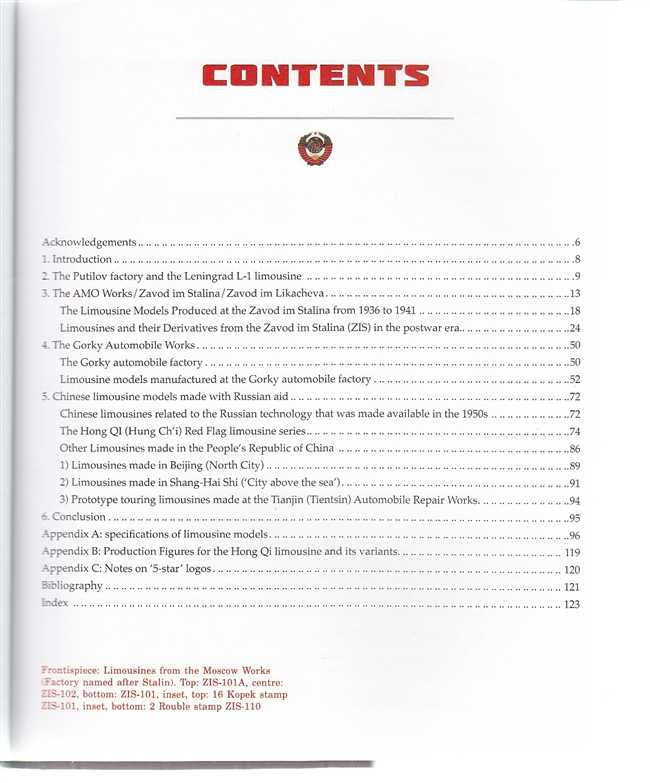 Paperback book contents page titled CONTENTS with section list and pagination.