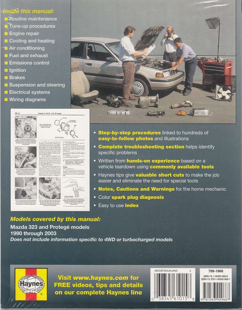 Automotive repair manual back cover showing models covered and Haynes contact details
