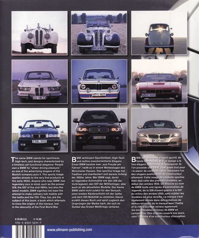 BMW book back cover showing grid of vintage car images and paragraphs of text