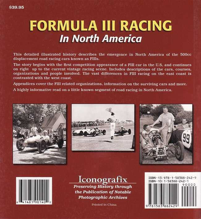 Racing history book back cover with photo montage and barcode