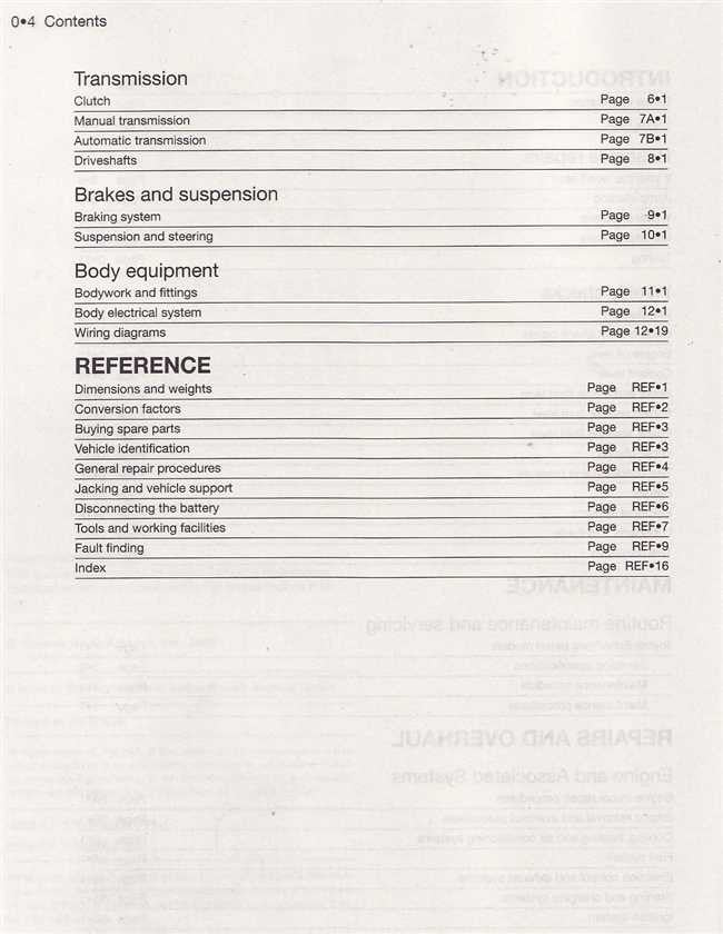 Workshop manual contents page listing transmission, brakes, body equipment, and reference