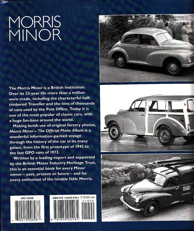 Morris Minor official photo album back cover with car photos, barcode, and text