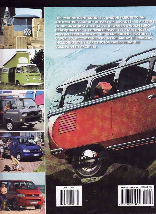 Book back cover with van photo collage, red classic busfront, and barcode labels