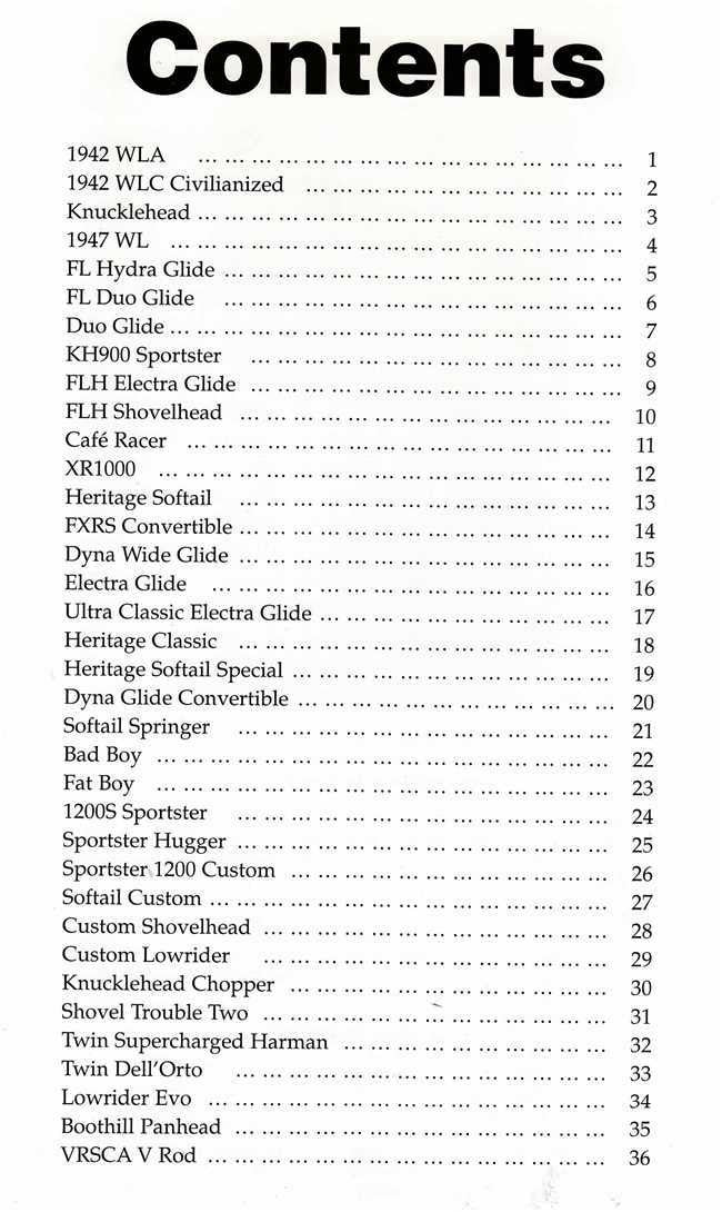 Harley Davidson motorcycle book contents page with numbered list