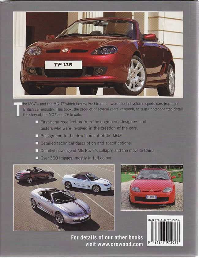Automotive book back cover with red TF135 convertible photos and bullet list text