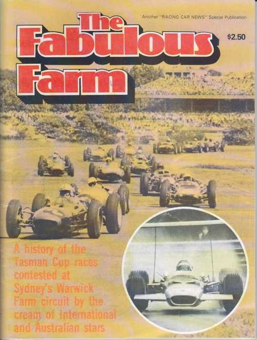 Vintage motorsport magazine reprint cover with racing cars, farm-themed title text