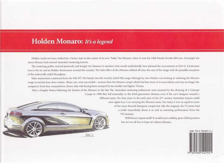 Automotive book back cover with illustrated Monaro car and text block