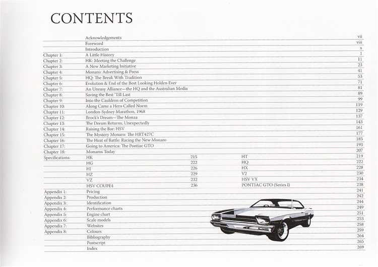 Automotive book contents page with table text and small Monaro car drawing