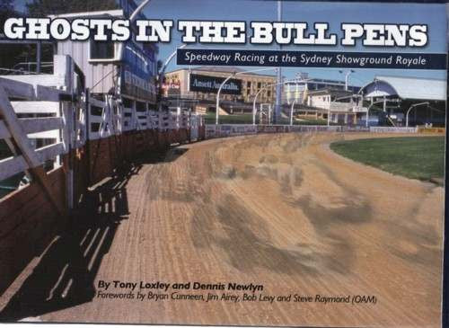 Book front cover with title text, racing stadium track photo, and blue top banner
