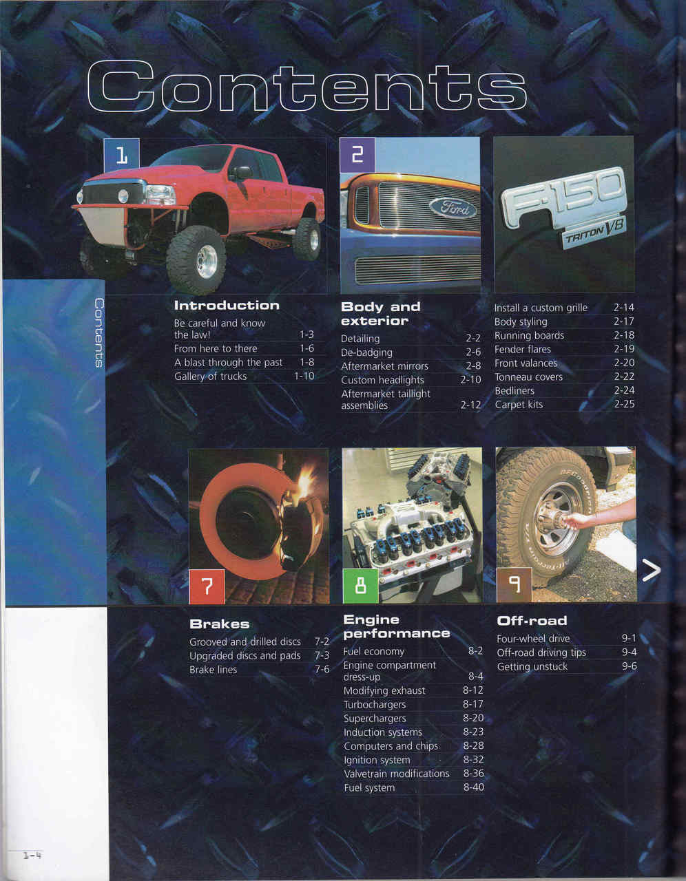 Auto customizing handbook contents page titled Contents with truck section photos