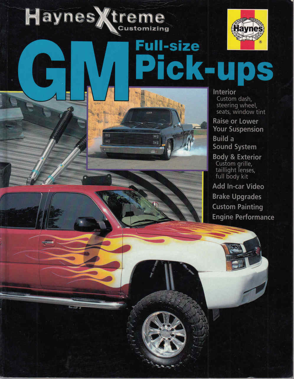 Flame-pattern red pickup truck on Haynes Xtreme full-size GM pick-ups manual cover
