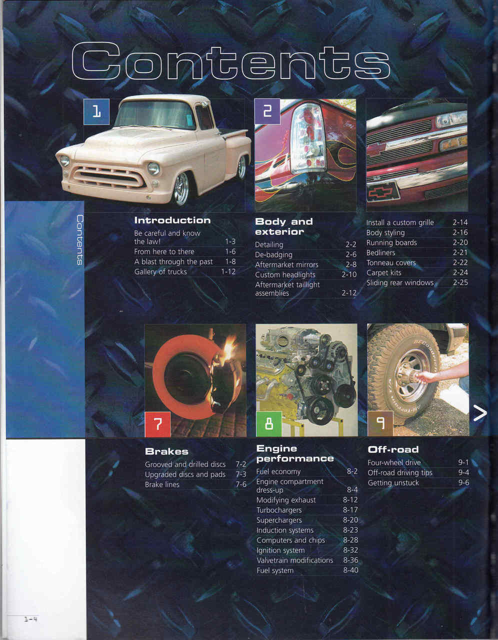 Auto customizing manual contents page listing brakes, engine performance, off-road
