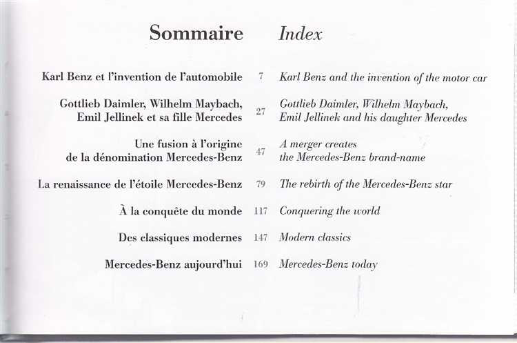 Mercedes-Benz book contents page with index headings