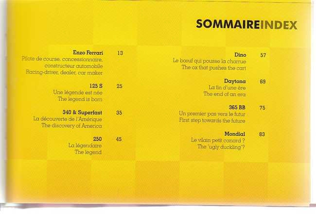 Ferrari book back cover, yellow pages index text layout