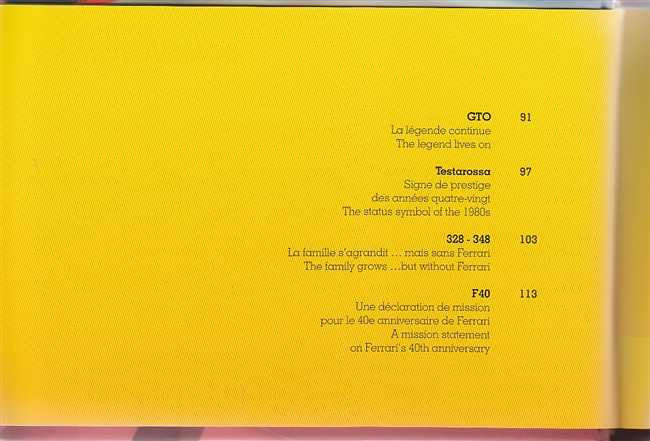 Ferrari book back cover, yellow page with section text lines