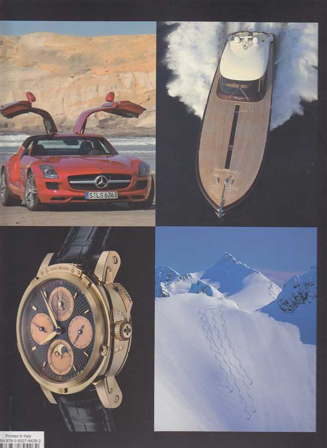 Printed collage with sports car, watch, and snowy mountain scenes