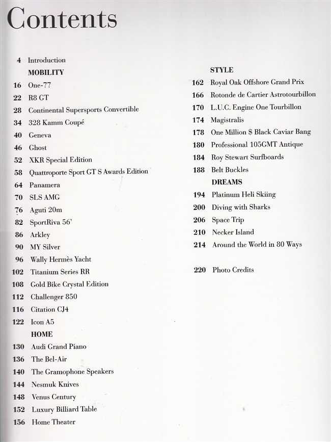 Book contents page with section list and page numbers