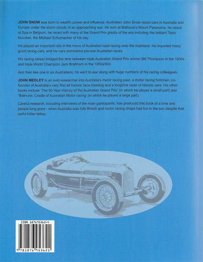 Motor racing book back cover with author bio text and classic race car illustration