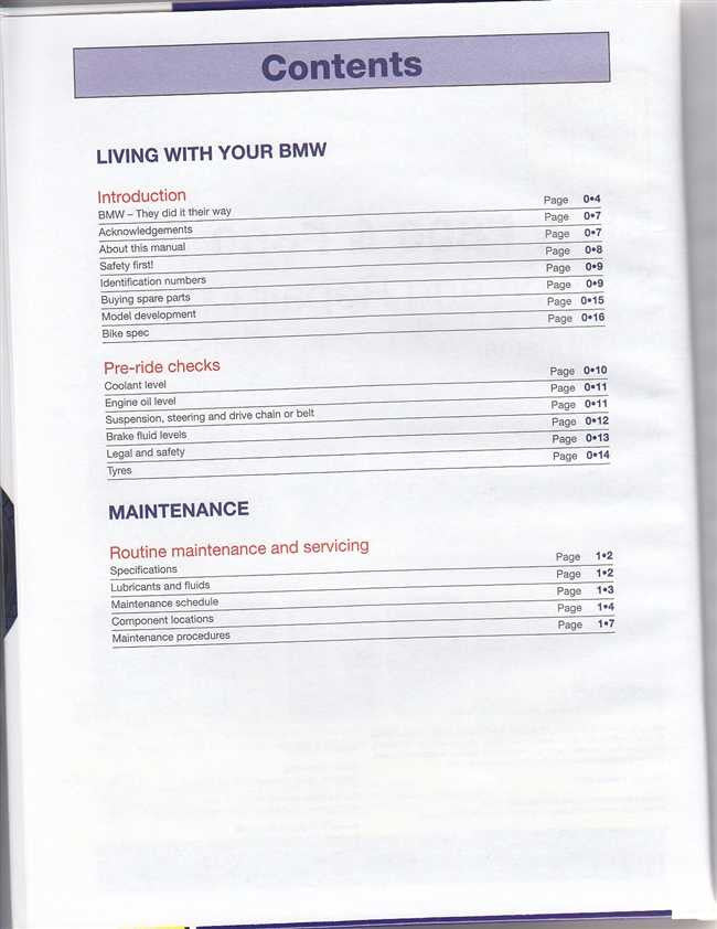 Workshop manual contents page with sections for living with your BMW and maintenance