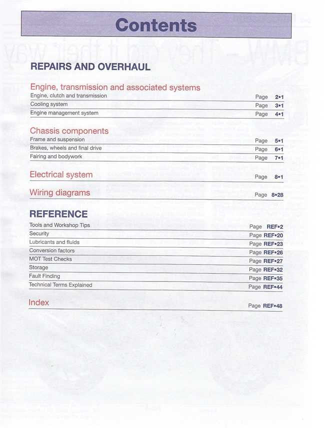 Workshop manual contents page listing repairs, overhaul, electrical system, wiring diagrams
