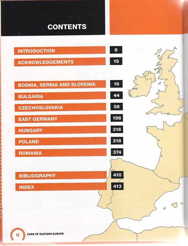 Book contents page with orange section bars and country list beside map
