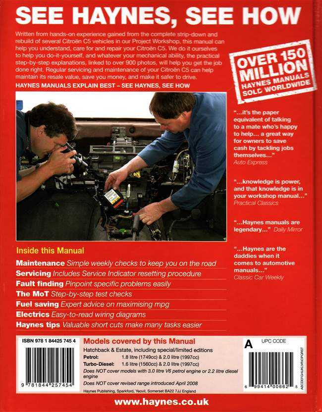 Automotive workshop manual cover with engine bay photo and feature text