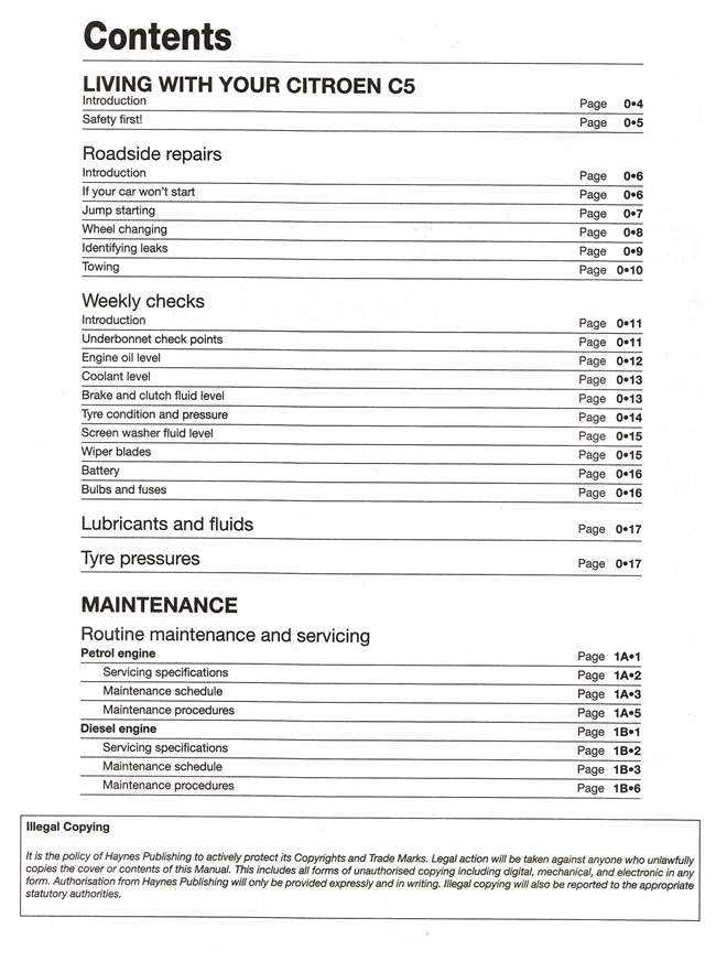 Automotive workshop manual contents page with headings for maintenance and repairs