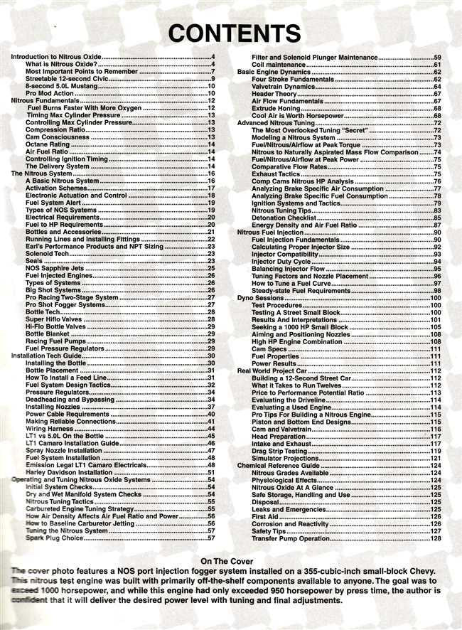 Nitrous oxide installation and use book contents page with numbered headings