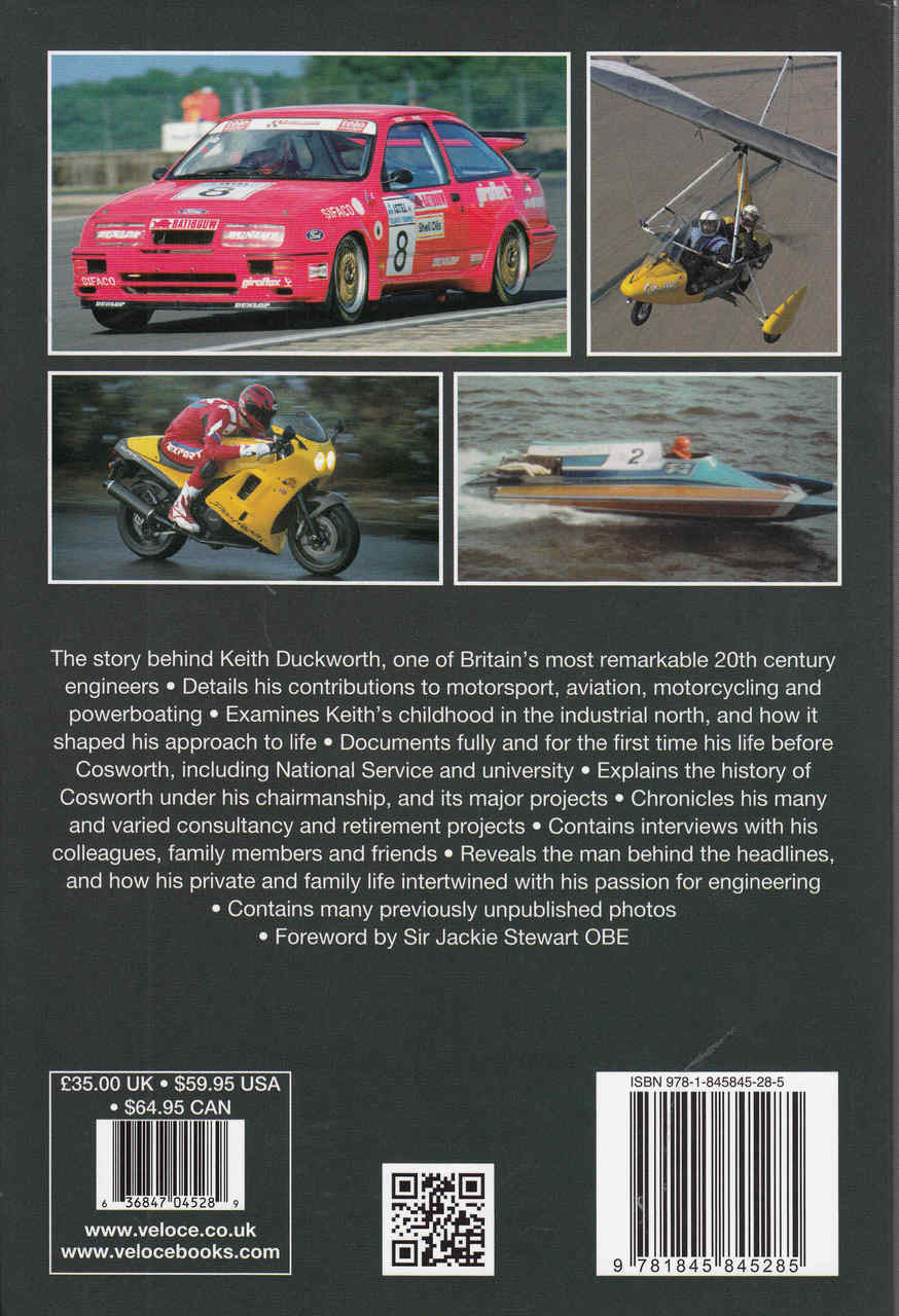 Official biography book back cover with racing car photos, blurb, barcode and ISBN
