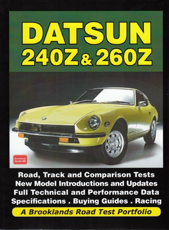 Datsun 240Z & 260Z Brooklands road test portfolio with yellow sports car cover