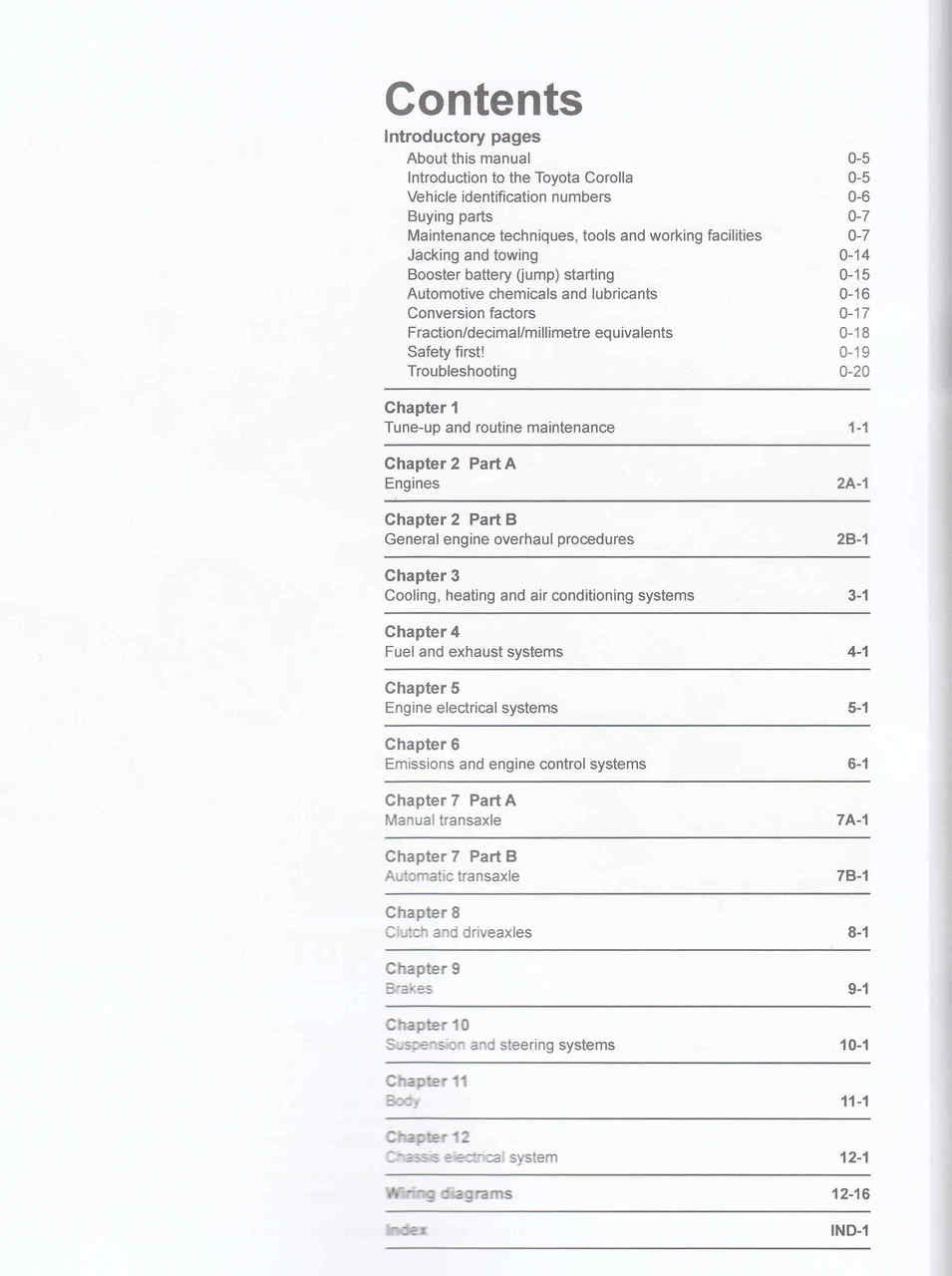 Workshop manual contents page for Toyota Corolla 2007-2015, sections overview