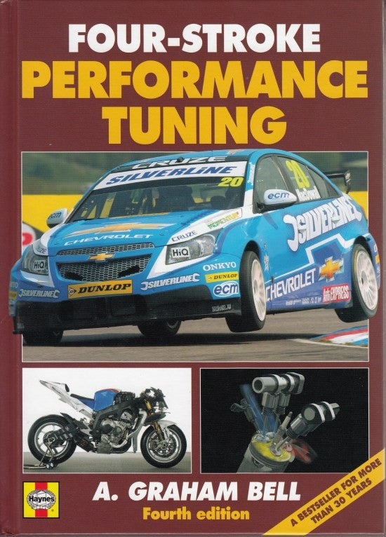 Four-Stroke performance tuning book, Fourth edition cover with racing car and motorcycle.
