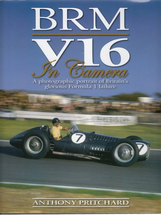Paperback book cover with BRM V16 lettering and vintage single-seat race car on track
