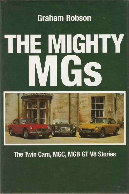 Automotive book cover titled "The Mighty MGs" with classic cars photo and author name