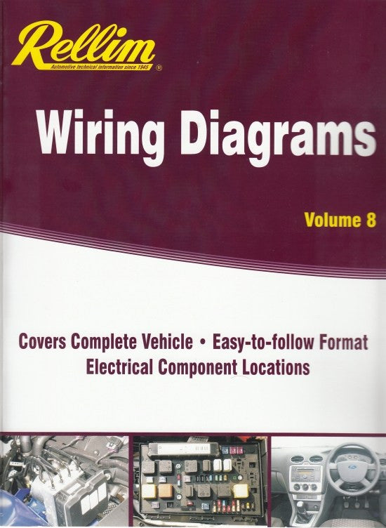 Rellim wiring diagrams volume 8 book cover, title text and vehicle dashboard icons