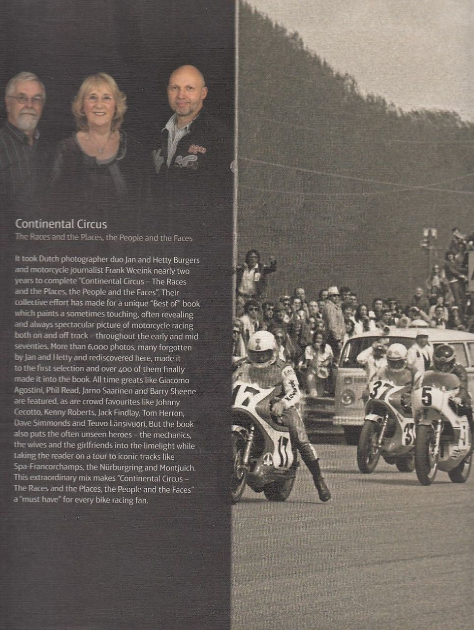 Vintage book page with portrait of three people and black-and-white motorcycle race photo