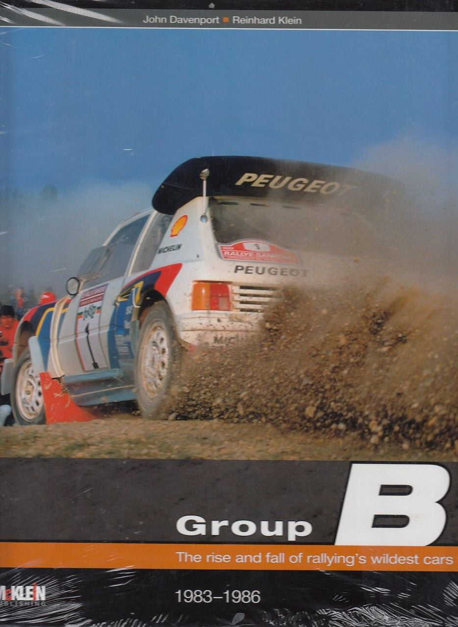 Rally car book cover featuring a Peugeot race car kicking up dust
