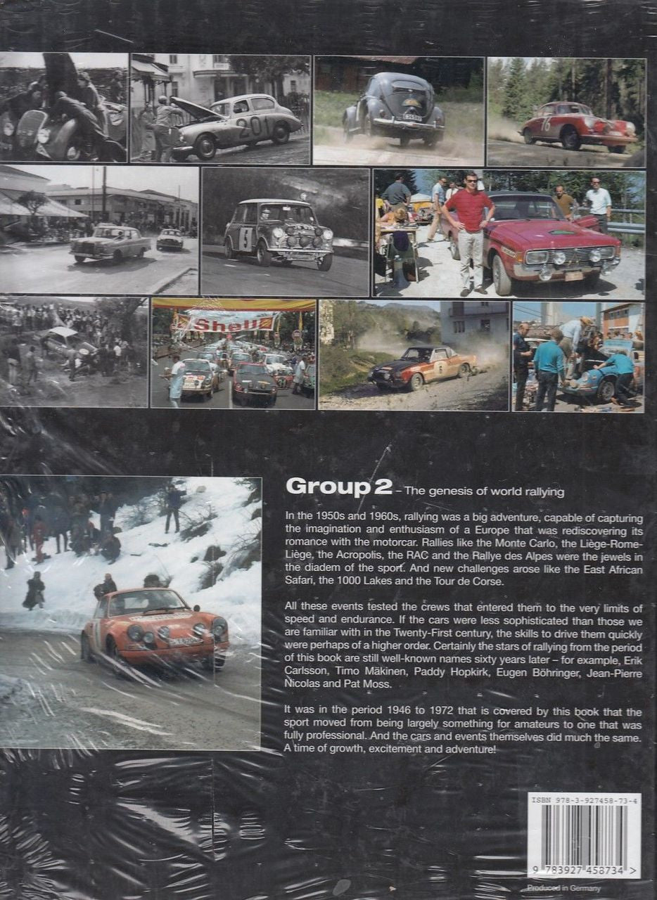 Collage of rally car photos with a “Group 2” book description block at the bottom