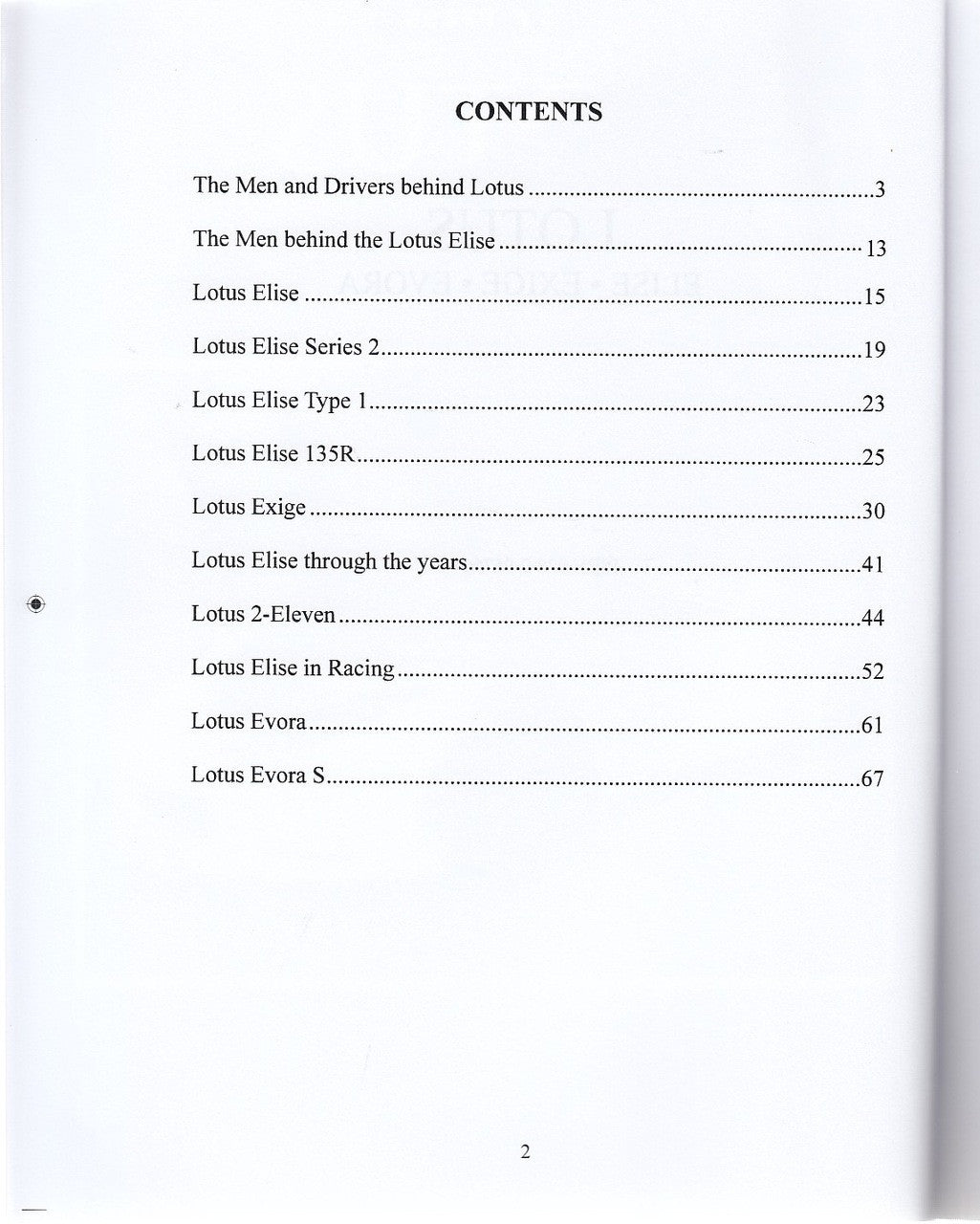 Book contents page with headings and dotted line table of contents