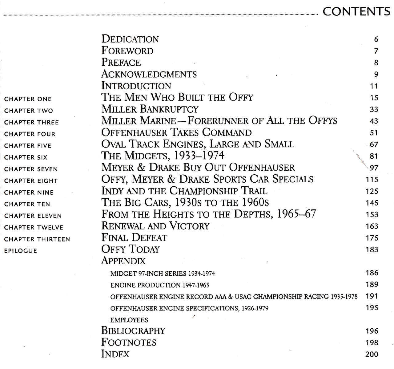 Book contents page with dedication, chapters, and appendix listings