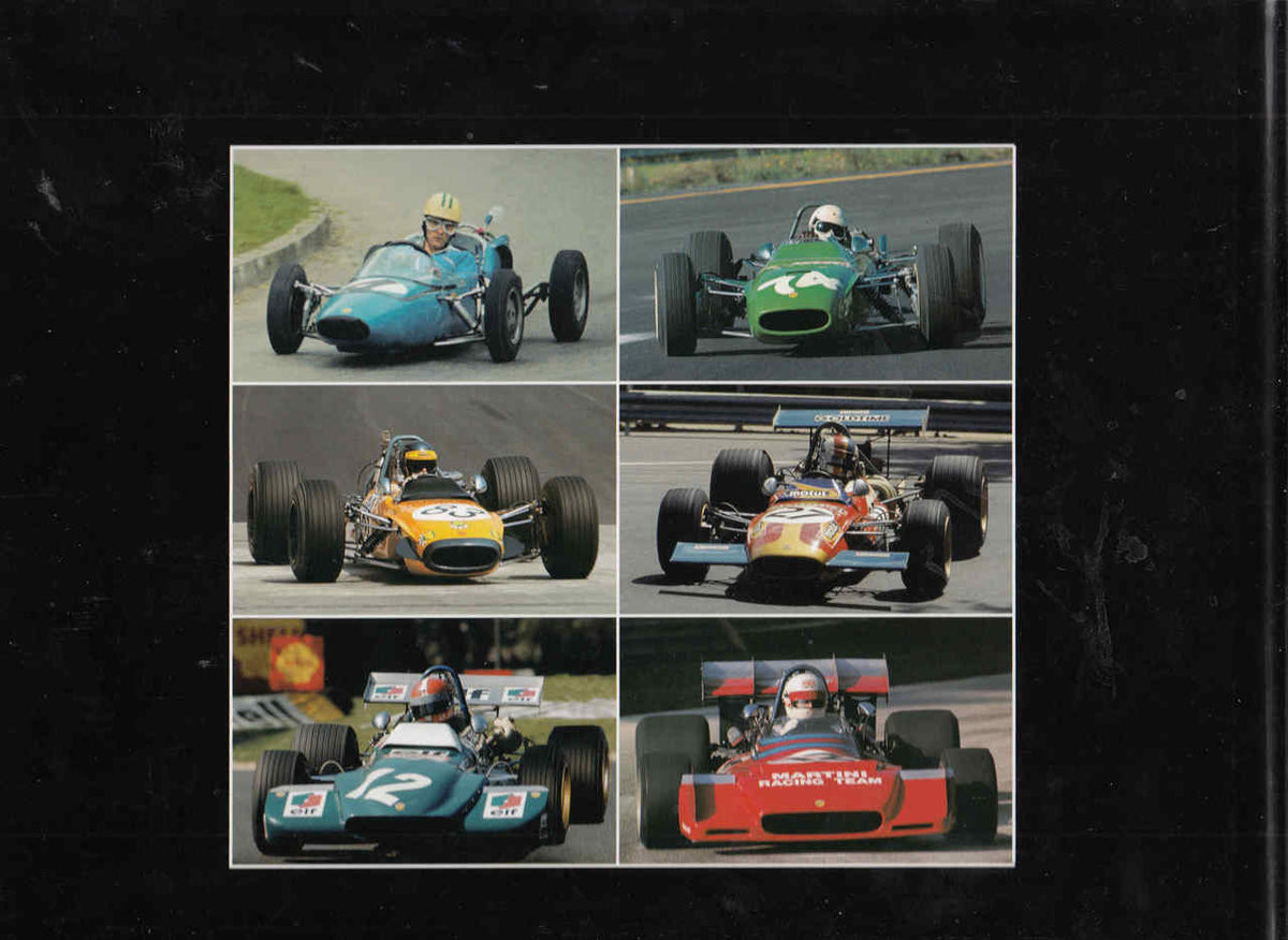 Motorsport photo collage of vintage open-wheel race cars
