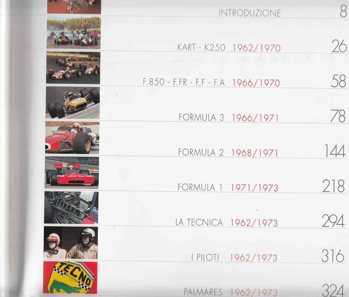 Book page listing racing history sections and years