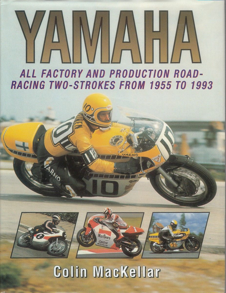 Racing two-stroke book cover with Yamaha logo, helmeted rider on motorcycle, and author