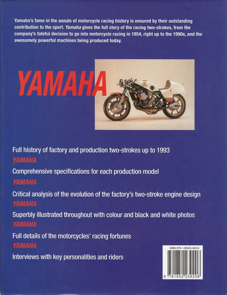 Motorcycle racing book back cover with Yamaha text, motorcycle photo, and barcode